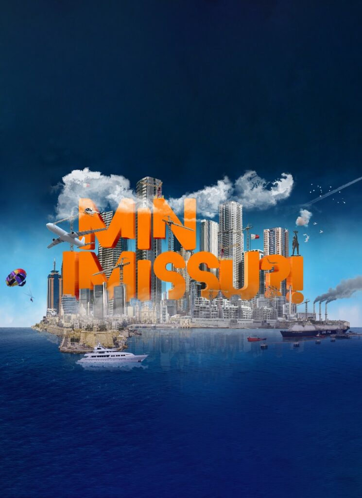 Orange text on a background of buildings